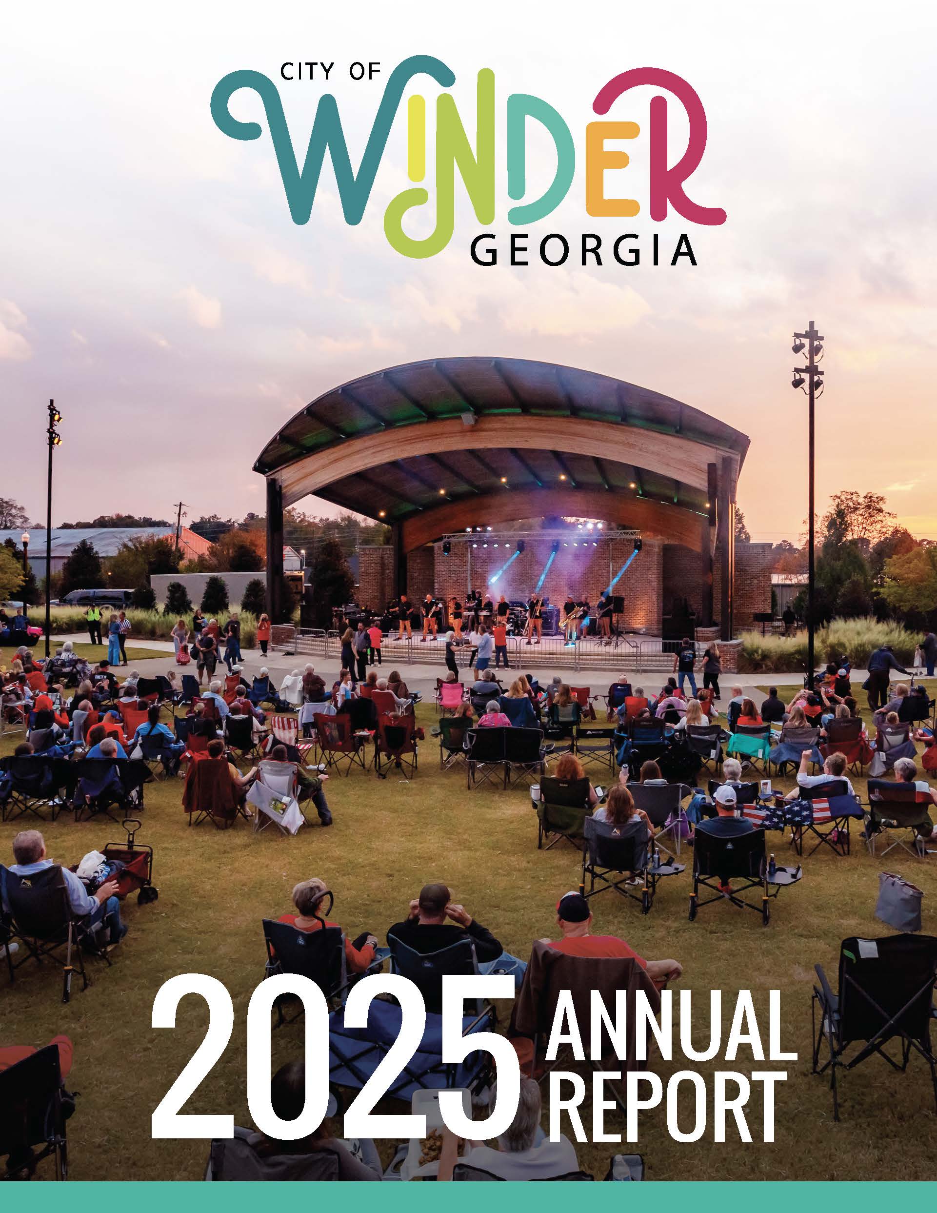 Cover of annual report/ Image shoes a stage and people watching a concert in lawn chairs.